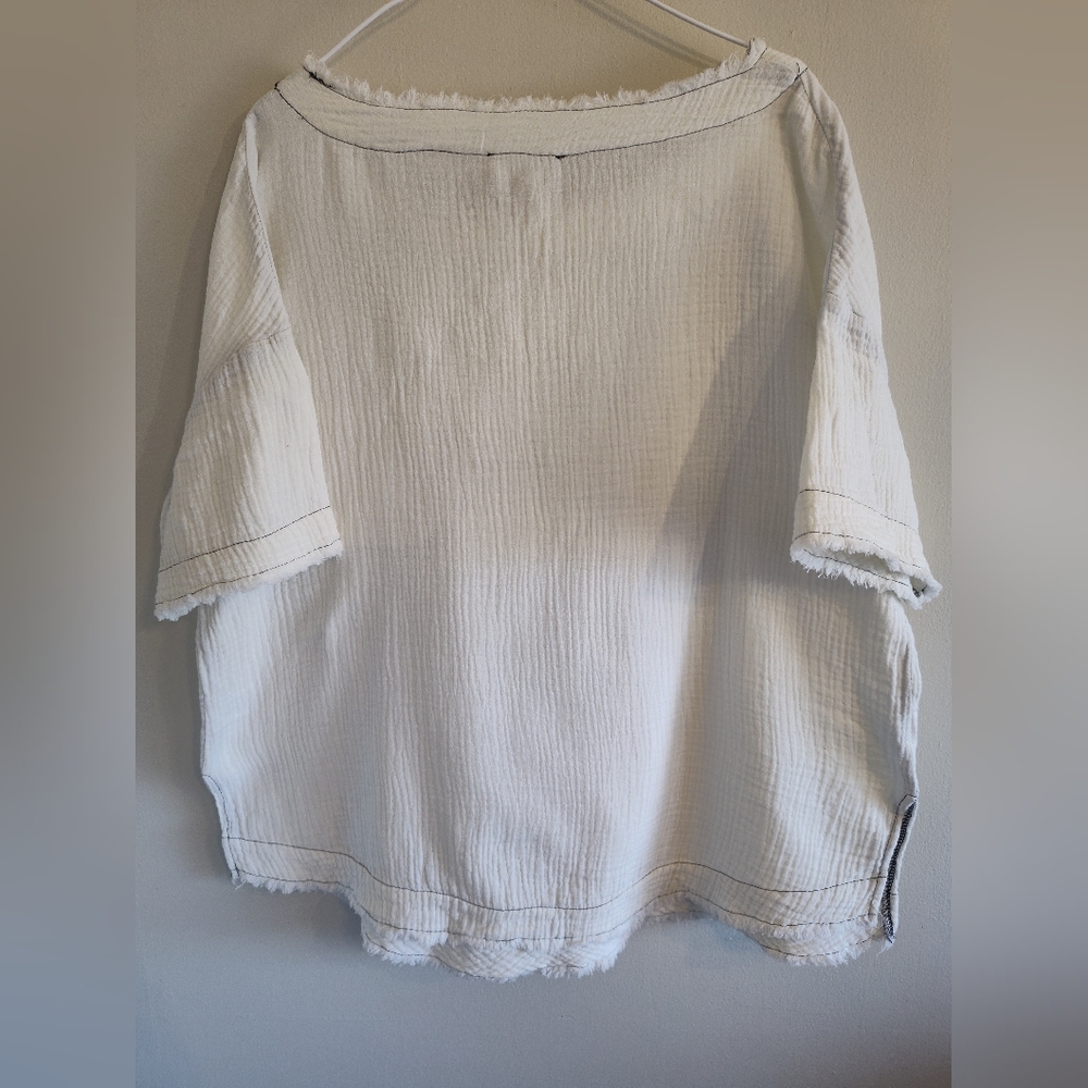 Entro Cotton Gauze Boxy Fringe Top  Shirt Coastal Grandma Cream Black Large - Picture 6 of 8